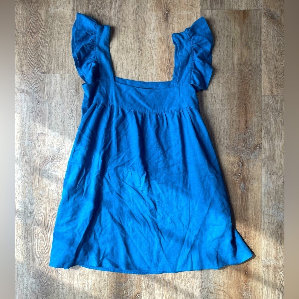 O.P.T. Blue Linen Blend Mini Dress S Ruffle Sleeve Square Neck Boho Cottagecore